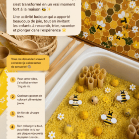Un cercle sensoriel coloré avec du riz teinté, conçu pour les enfants.