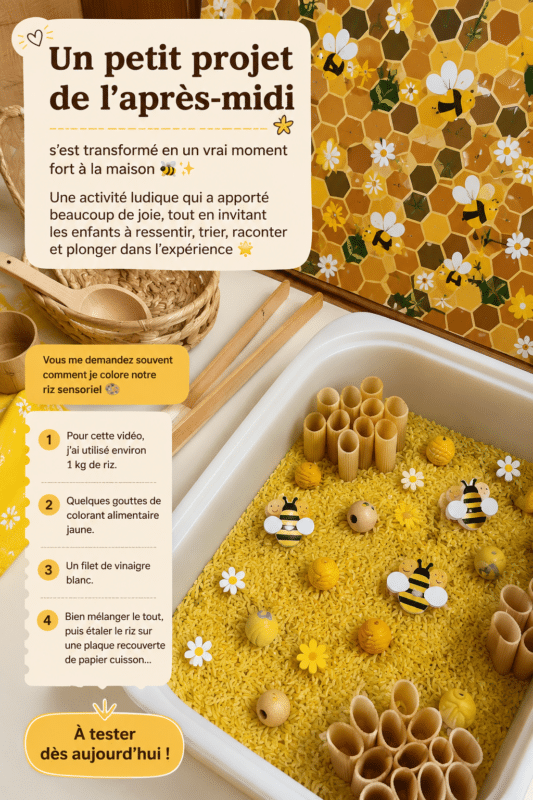 Un cercle sensoriel coloré avec du riz teinté, conçu pour les enfants.