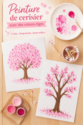 Enfants peignant des cerisiers en fleurs avec des cotons-tiges
