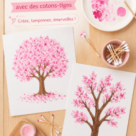 Enfants peignant des cerisiers en fleurs avec des cotons-tiges