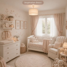 Chambre de bébé décorée avec des accents roses doux et des éléments en blanc pour un cocon chaleureux.