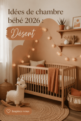 Chambre bébé aménagée avec des teintes désertiques, incluant du terracotta et du beige.