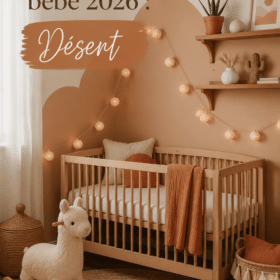 Chambre bébé aménagée avec des teintes désertiques, incluant du terracotta et du beige.