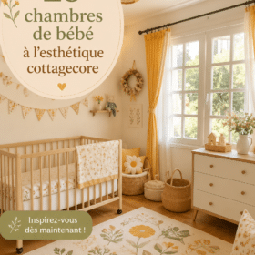 Une chambre de bébé douillette dans un style cottagecore, avec des couleurs douces et des textures naturelles.