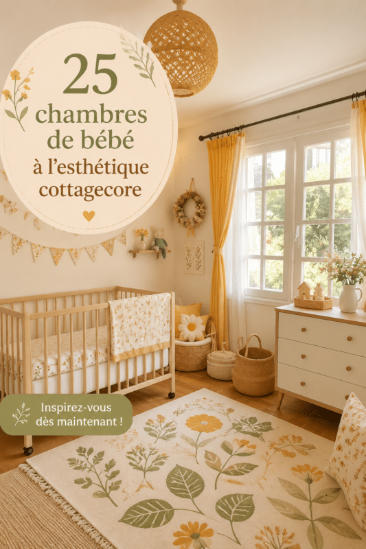 Une chambre de bébé douillette dans un style cottagecore, avec des couleurs douces et des textures naturelles.