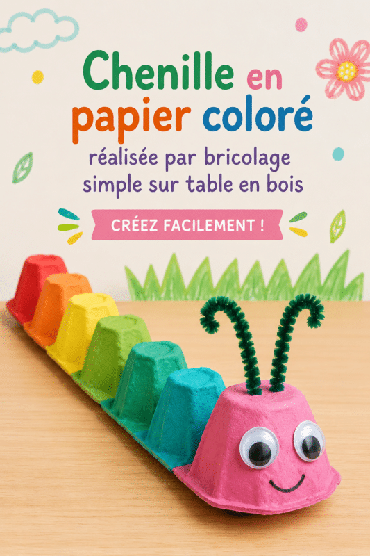Chenille colorée en papier fabriquée à la main par des enfants, sur une table en bois.