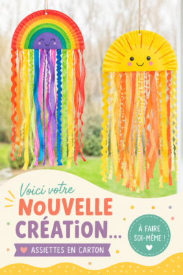Décorations soleil en papier créées avec des assiettes et du crépon coloré.
