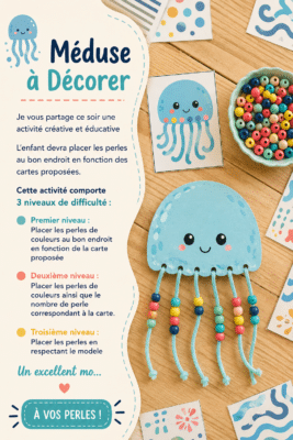 Activité créative : méduse en perles colorées réalisée par un enfant.