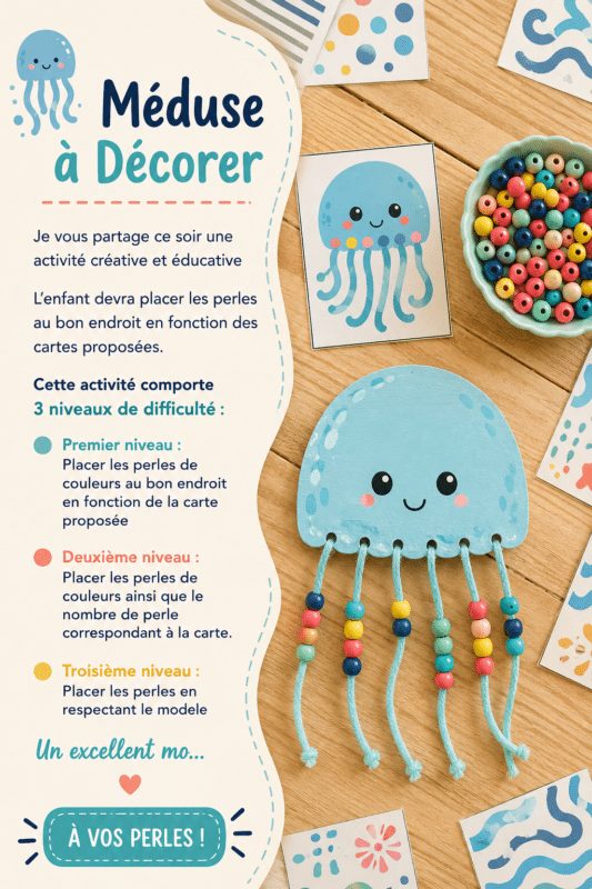 Activité créative : méduse en perles colorées réalisée par un enfant.