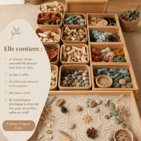 Illustration d'un espace de jeu Montessori apaisant avec des matériaux naturels et colorés.