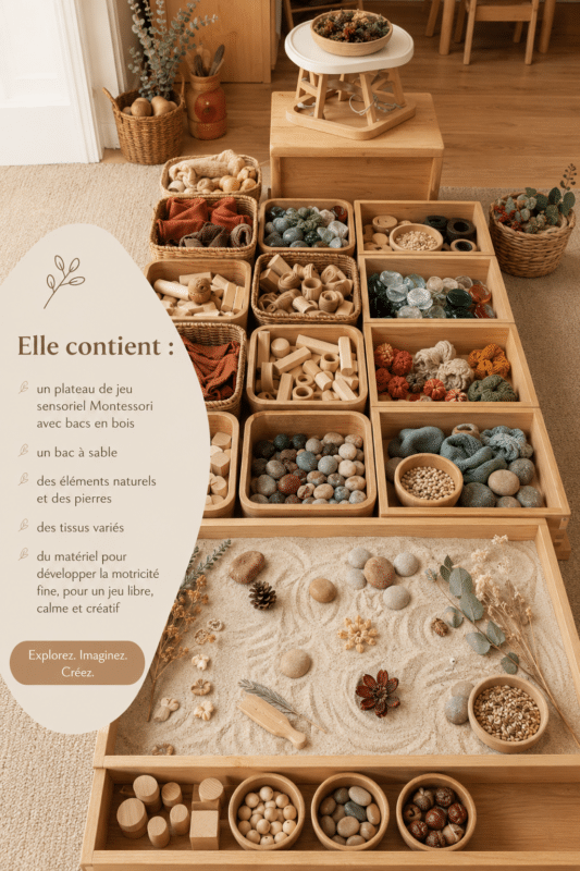 Illustration d'un espace de jeu Montessori apaisant avec des matériaux naturels et colorés.