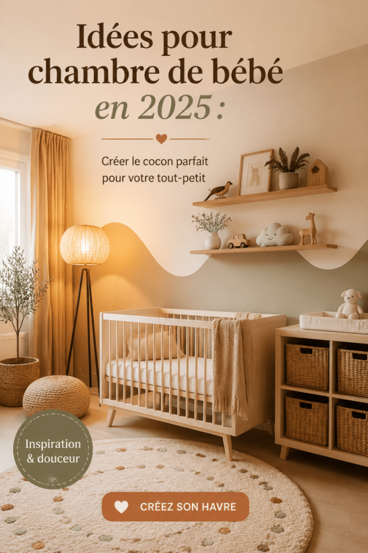 Chambre de bébé décorée avec des couleurs douces et chaleureuses pour 2025.