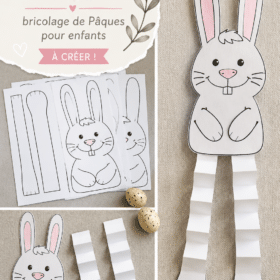Un lapin en papier aux grandes oreilles, décoré et coloré pour Pâques.