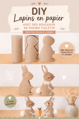 Des lapins colorés en rouleaux de papier toilette faits maison, créés par des enfants.