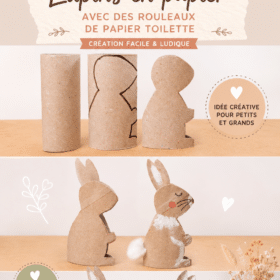 Des lapins colorés en rouleaux de papier toilette faits maison, créés par des enfants.