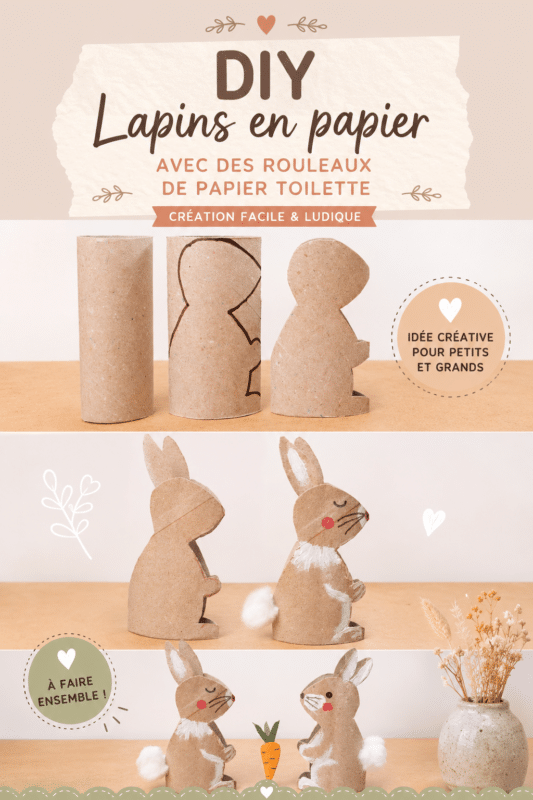 Des lapins colorés en rouleaux de papier toilette faits maison, créés par des enfants.