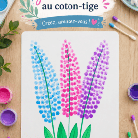 Peinture de jacinthes réalisée avec des cotons-tiges, illustrant une activité créative pour enfants.
