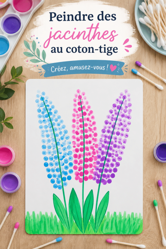 Peinture de jacinthes réalisée avec des cotons-tiges, illustrant une activité créative pour enfants.