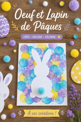 Activité peinture au tampon avec des enfants pour Pâques, décorant des œufs et un lapin.