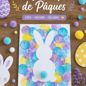 Activité peinture au tampon avec des enfants pour Pâques, décorant des œufs et un lapin.