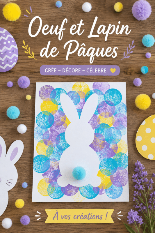 Activité peinture au tampon avec des enfants pour Pâques, décorant des œufs et un lapin.