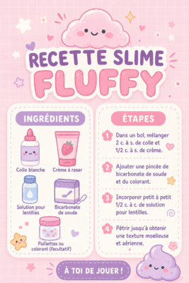Un pot de slime fluffy coloré sur une table, prêt à être utilisé par des enfants.