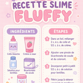 Un pot de slime fluffy coloré sur une table, prêt à être utilisé par des enfants.
