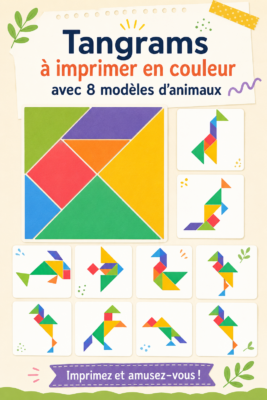 Collage de tangrams d'animaux colorés à imprimer pour enfants.