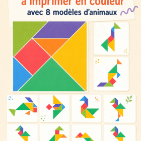 Collage de tangrams d'animaux colorés à imprimer pour enfants.