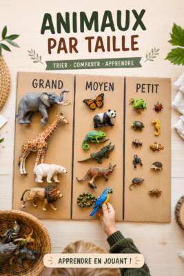 Un groupe d'enfants triant des figurines d'animaux par taille dans un cadre Montessori.