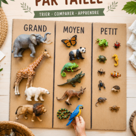Un groupe d'enfants triant des figurines d'animaux par taille dans un cadre Montessori.