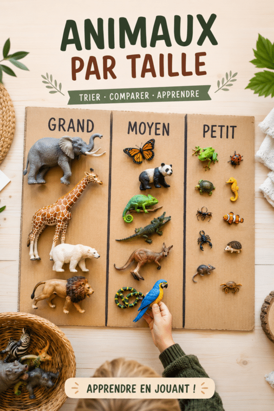Un groupe d'enfants triant des figurines d'animaux par taille dans un cadre Montessori.