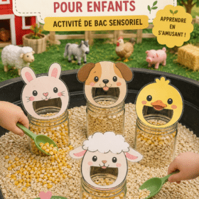 Enfants jouant à une activité d'alimentation des animaux de la ferme