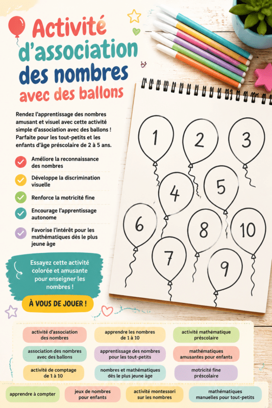 Enfant souriant jouant avec des ballons colorés pour apprendre les chiffres.