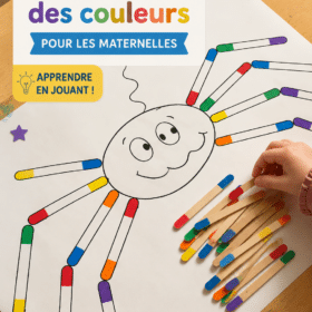 Un enfant jouant avec une araignée colorée en papier pour apprendre les couleurs.
