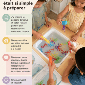 Activité colorée de pêche ludique pour enfants, avec des poissons imprimés et des bols colorés.