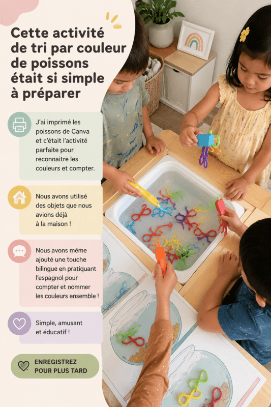 Activité colorée de pêche ludique pour enfants, avec des poissons imprimés et des bols colorés.