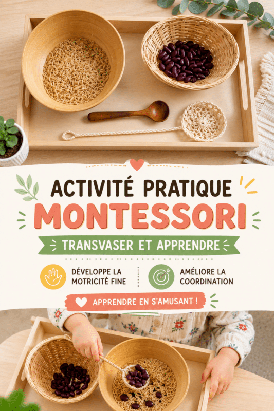 Enfant s'exerçant à une activité de transfert Montessori pour améliorer sa motricité fine.