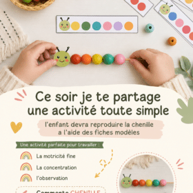 Un enfant travaillant sur une activité de reproduction de chenille pour développer sa motricité fine.