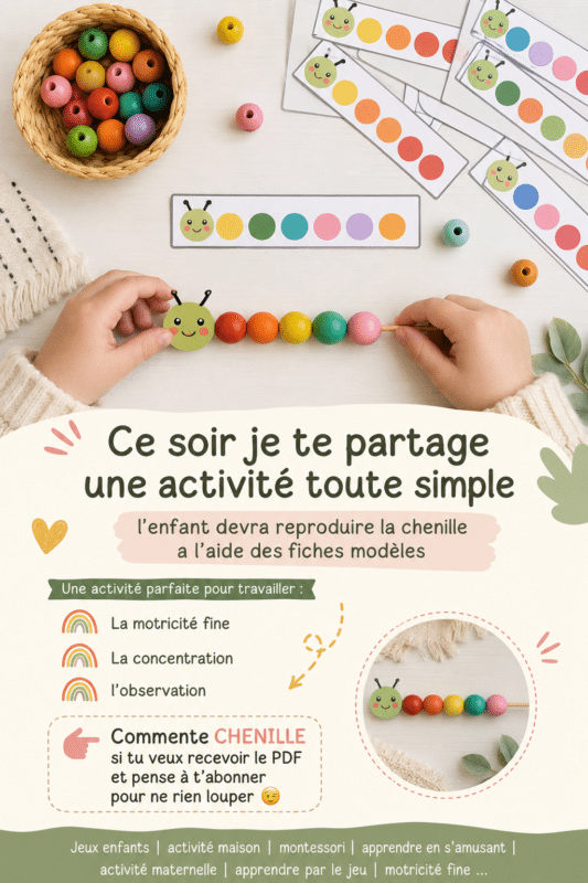 Un enfant travaillant sur une activité de reproduction de chenille pour développer sa motricité fine.