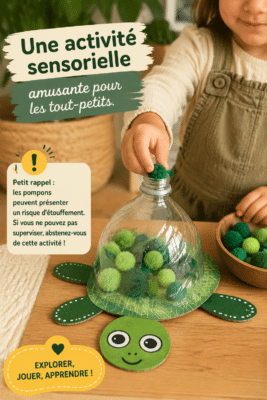 Enfant s'amusant avec des pompons colorés dans une activité sensorielle.