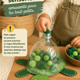 Enfant s'amusant avec des pompons colorés dans une activité sensorielle.