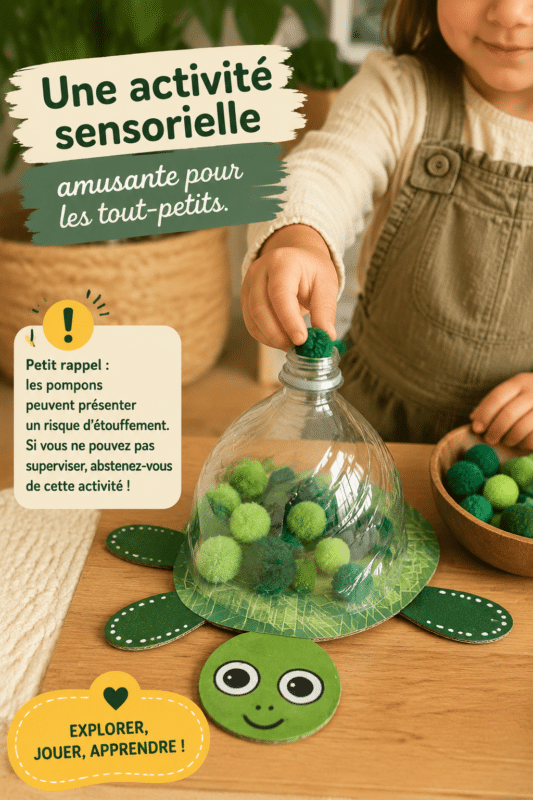 Enfant s'amusant avec des pompons colorés dans une activité sensorielle.