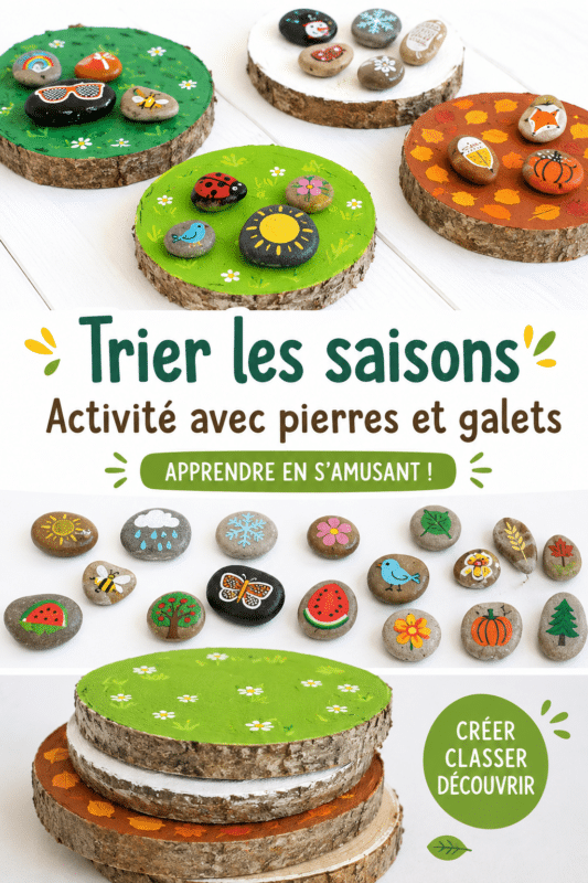 Enfants s'amusant à trier des pierres selon les saisons.