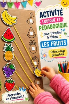 Un enfant jouant avec des fruits colorés lors d'une activité éducative.