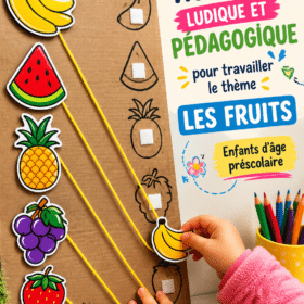 Un enfant jouant avec des fruits colorés lors d'une activité éducative.