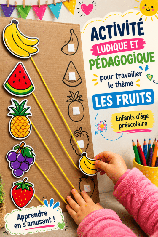 Un enfant jouant avec des fruits colorés lors d'une activité éducative.