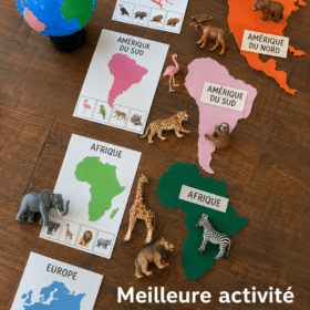 Activités Montessori avec des enfants explorant un globe terrestre et des figurines d'animaux.