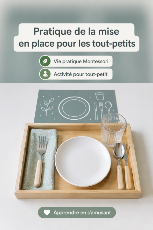 Un enfant apprenant à dresser la table avec des éléments en bois selon la méthode Montessori.