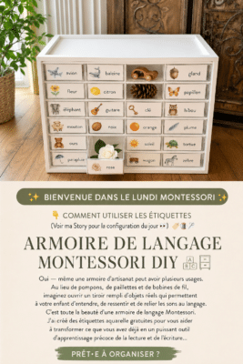 Un cabinet Montessori rempli d'objets pour l'apprentissage du langage.